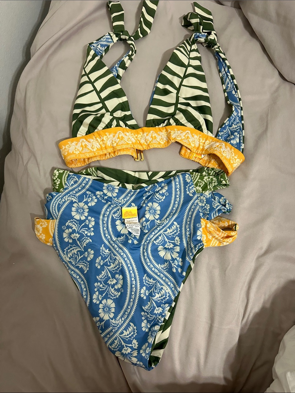 Agua Bendita Blue Green Yellow Mixed-Print Bikini